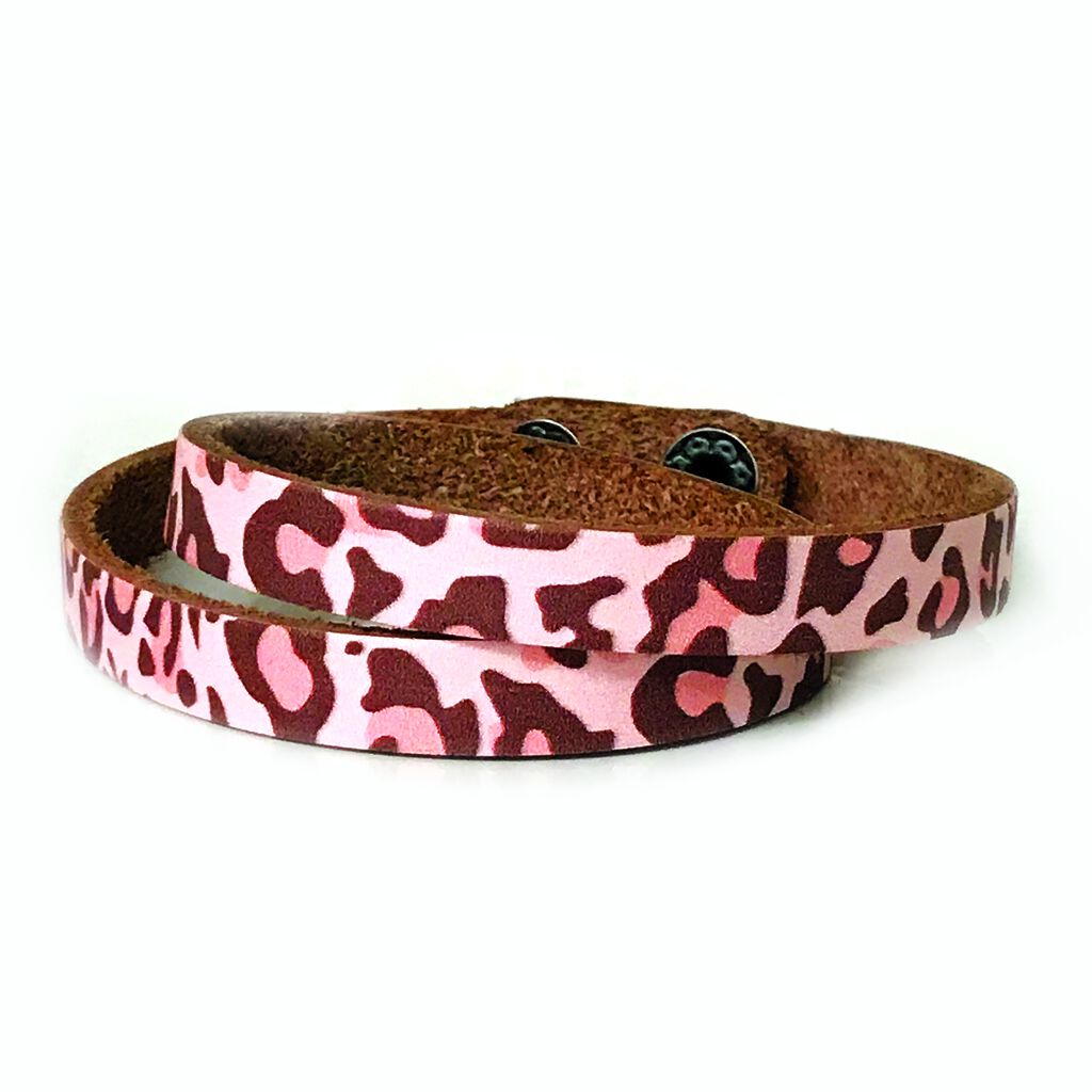 Pink leopard pattern slim leather wraparound style bracelet